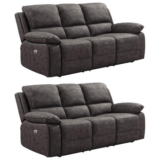 Two gray reclining sofas on a white background