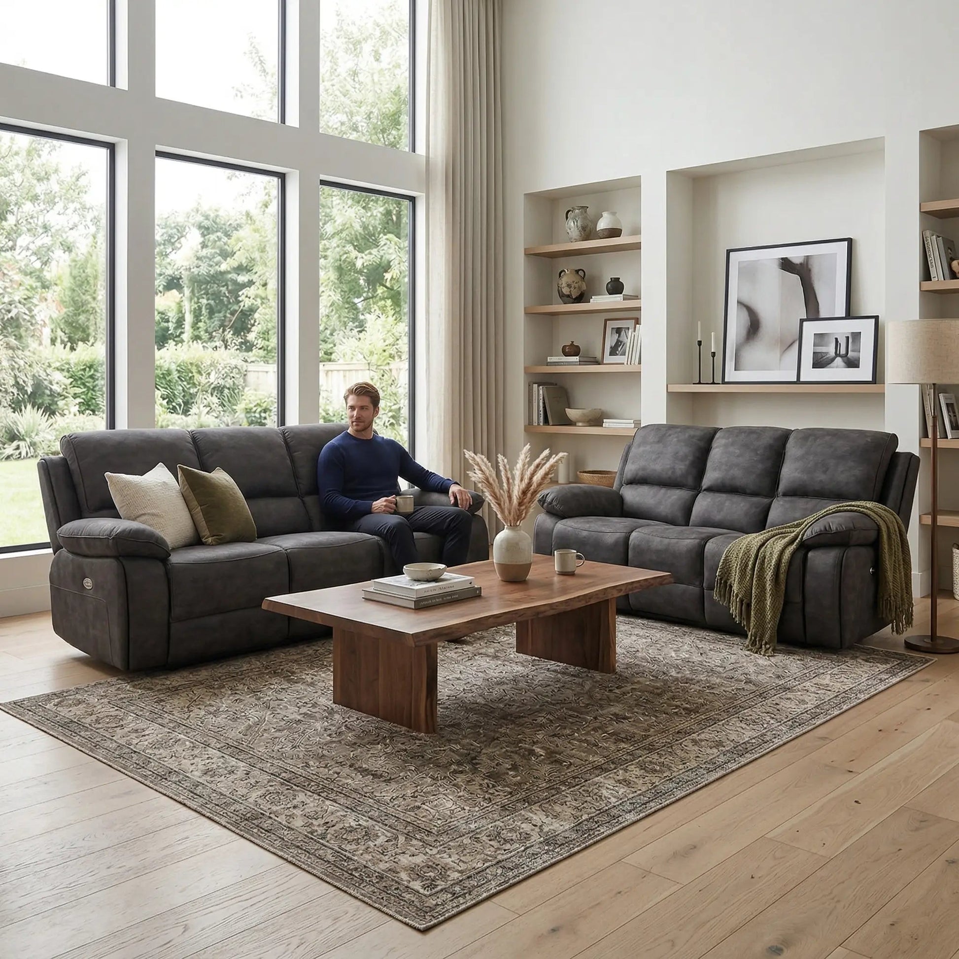 Maple Grey Suede Fabric Electric Recliner 3+3 Seater Sofa Set - Furniture Instore