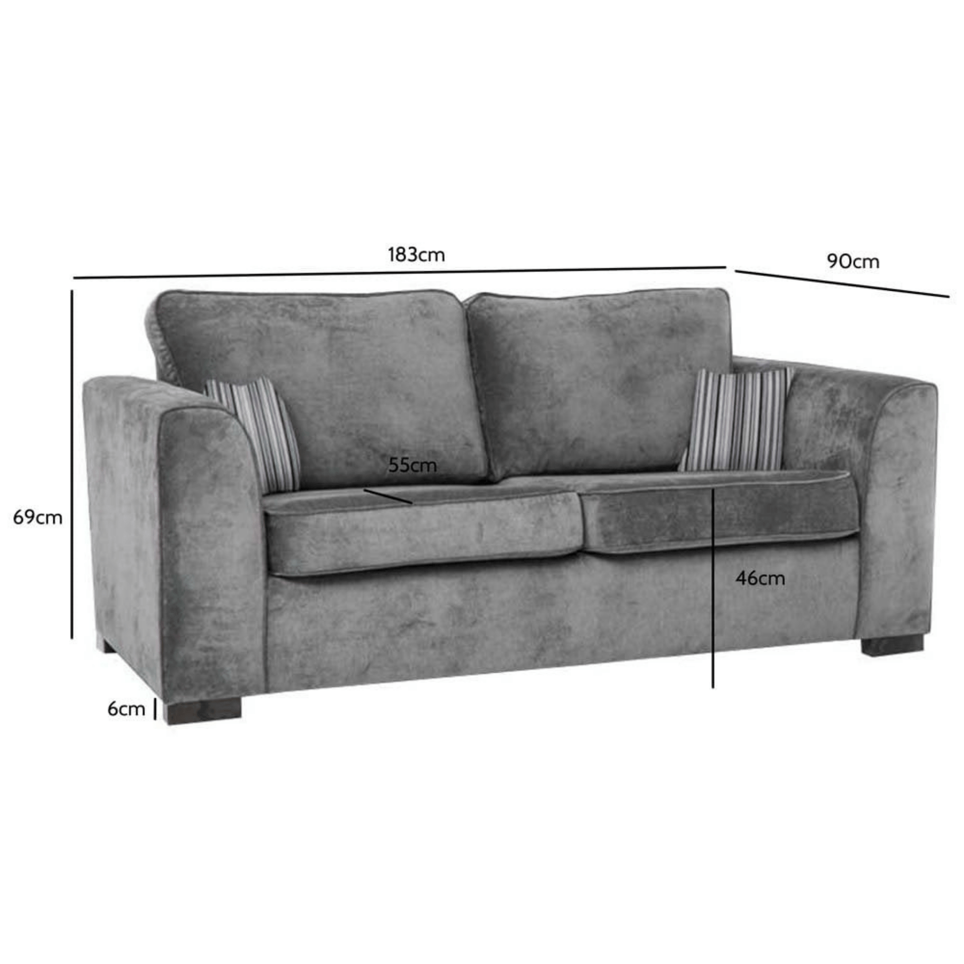 Nancy grey 3-seater sofa with plush cushions and modern design, front-facing on a white background with measurements displayed