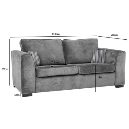Nancy grey 3-seater sofa with plush cushions and modern design, front-facing on a white background with measurements displayed