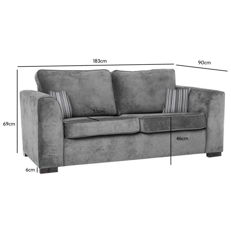 Nancy grey 3-seater sofa with plush cushions and modern design, front-facing on a white background with measurements displayed