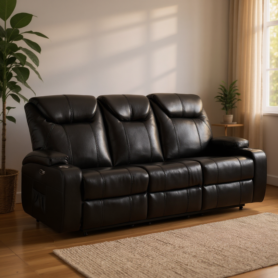 Cinema Black Electric 3+2+1 Seater Leather Recliner Sofa Set With Two Cup Holders