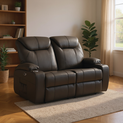 Cinema Grey Electric 2 Seater Leather Recliner Sofa With Two Cup Holders
