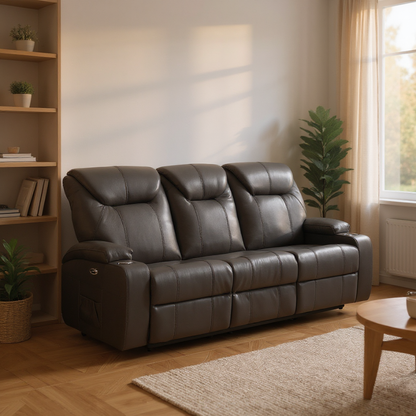 Cinema Grey Electric Leather 3 Seater Recliner Sofa With Two Cup Holders