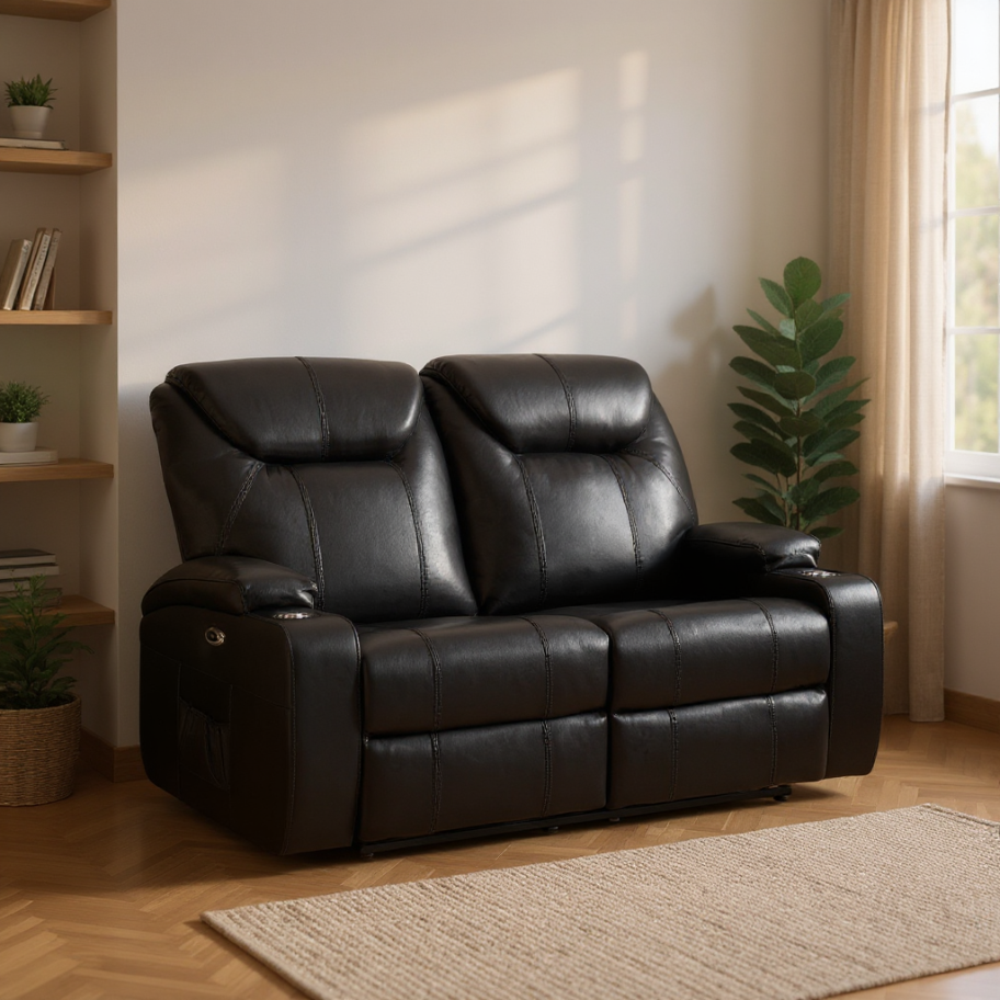 Cinema Black Electric 2 Seater Leather Recliner Sofa With Two Cup Holders
