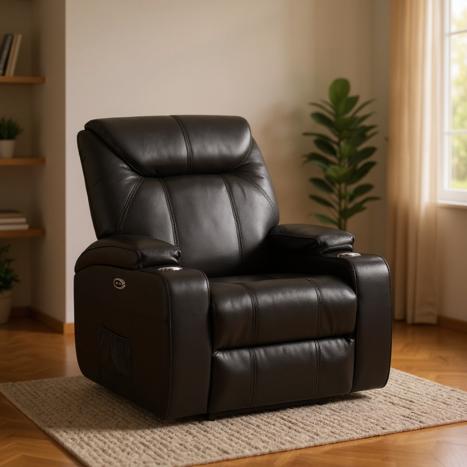 Cinema Black Electric Seater 2+1+1 Leather Recliner Sofa Set With Two Cup Holders