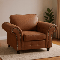 Oakland tan armchair with plush cushions and modern design, displayed in a stylish living room setting