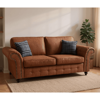 Oakland tan 3-seater sofa with plush cushions and modern design, displayed in a stylish living room setting