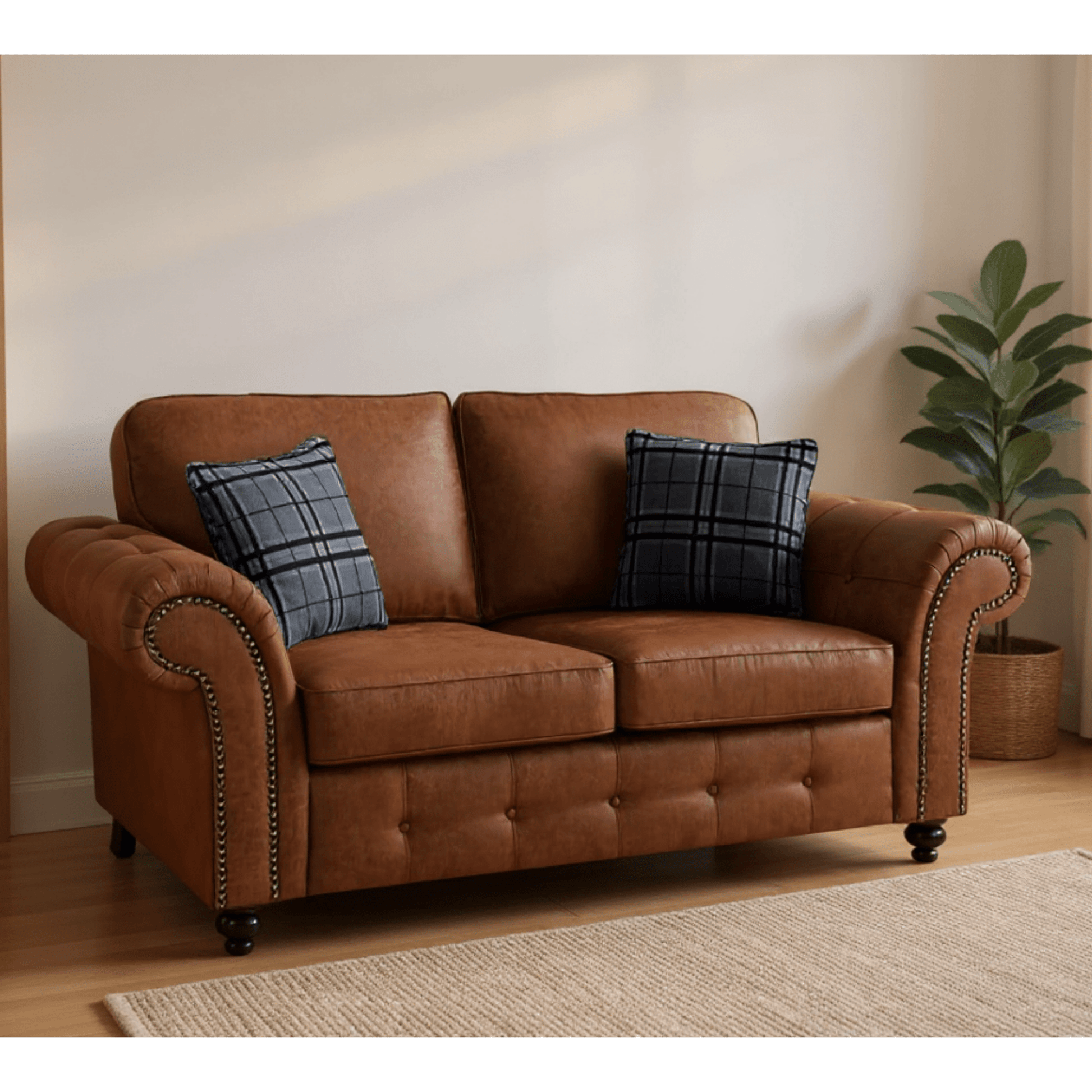 Oakland tan 2-seater sofa with plush cushions and modern design, displayed in a stylish living room setting