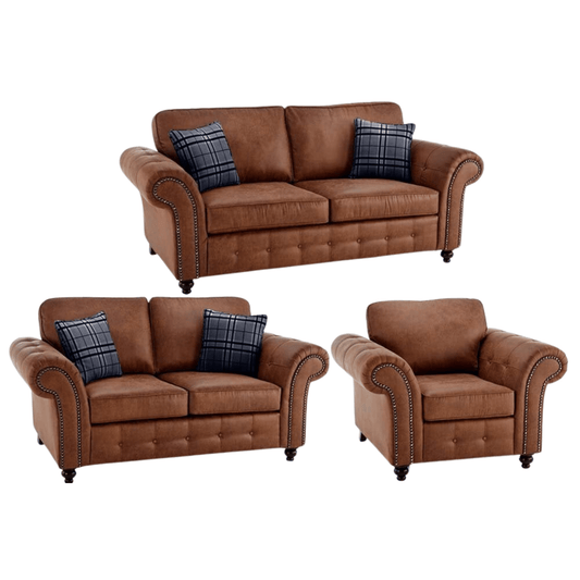 Oakland tan 3+2+1 sofa set with plush cushions and modern design, front-facing on a clean white background