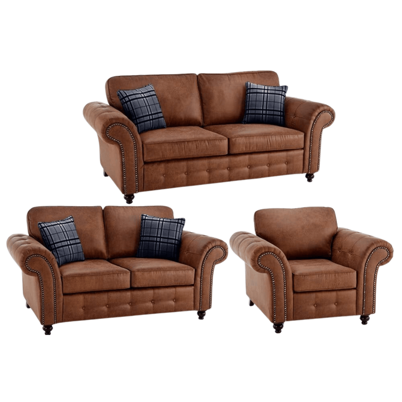 Oakland tan 3+2+1 sofa set with plush cushions and modern design, front-facing on a clean white background