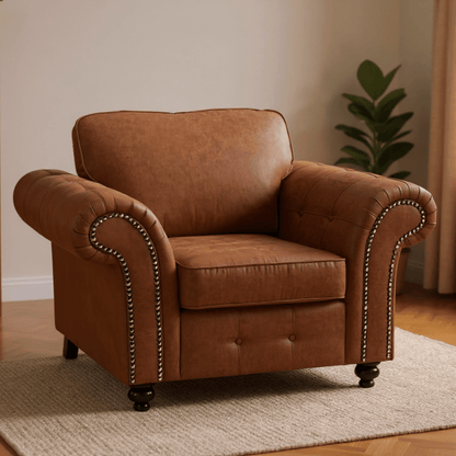 Oakland tan armchair with plush cushions and modern design, displayed in a stylish living room setting