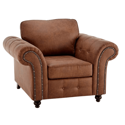 Oakland tan armchair with plush cushions and modern design, front-facing on a clean white background