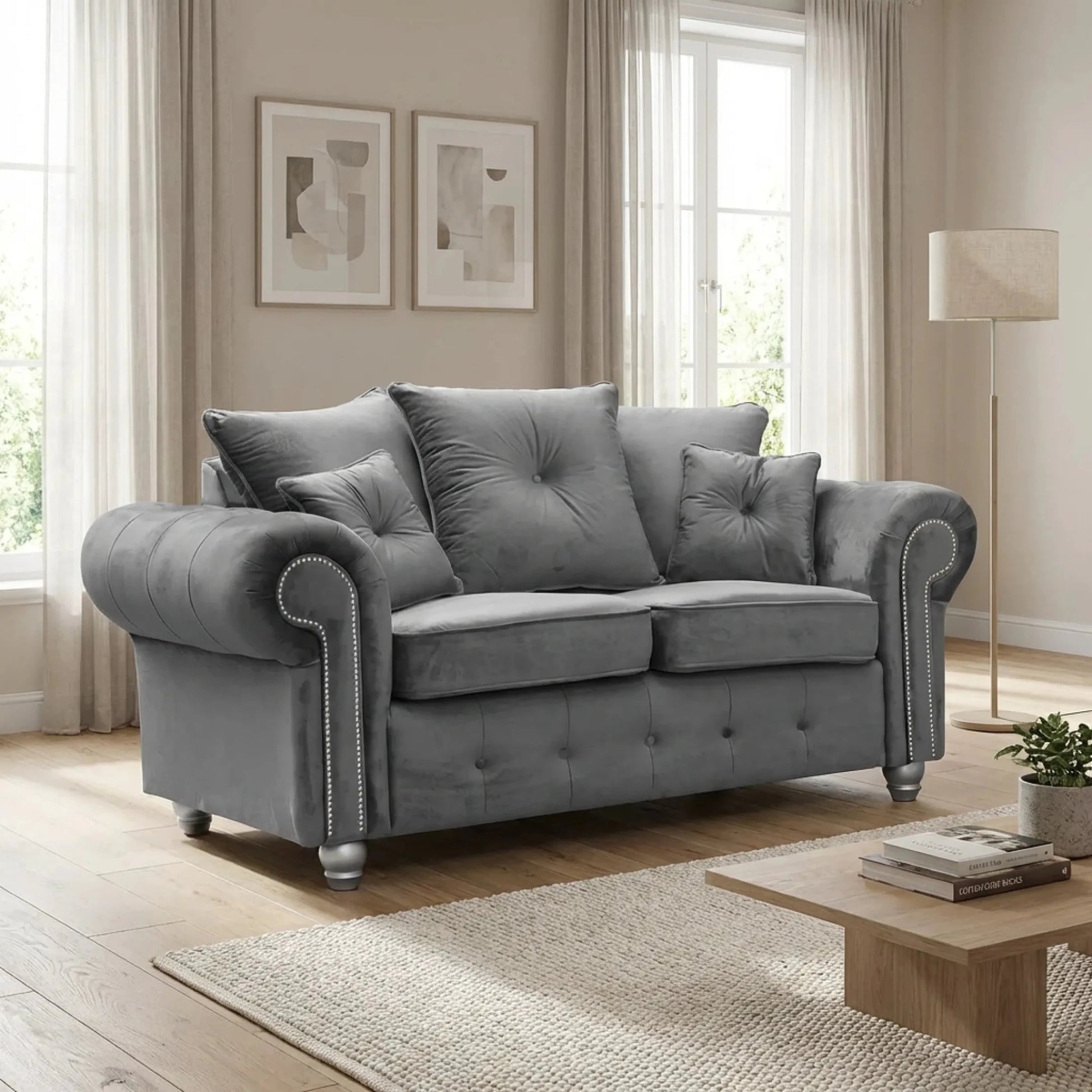 Olympia Grey Fabric Velvet 2 Seater Sofa - Furniture Instore