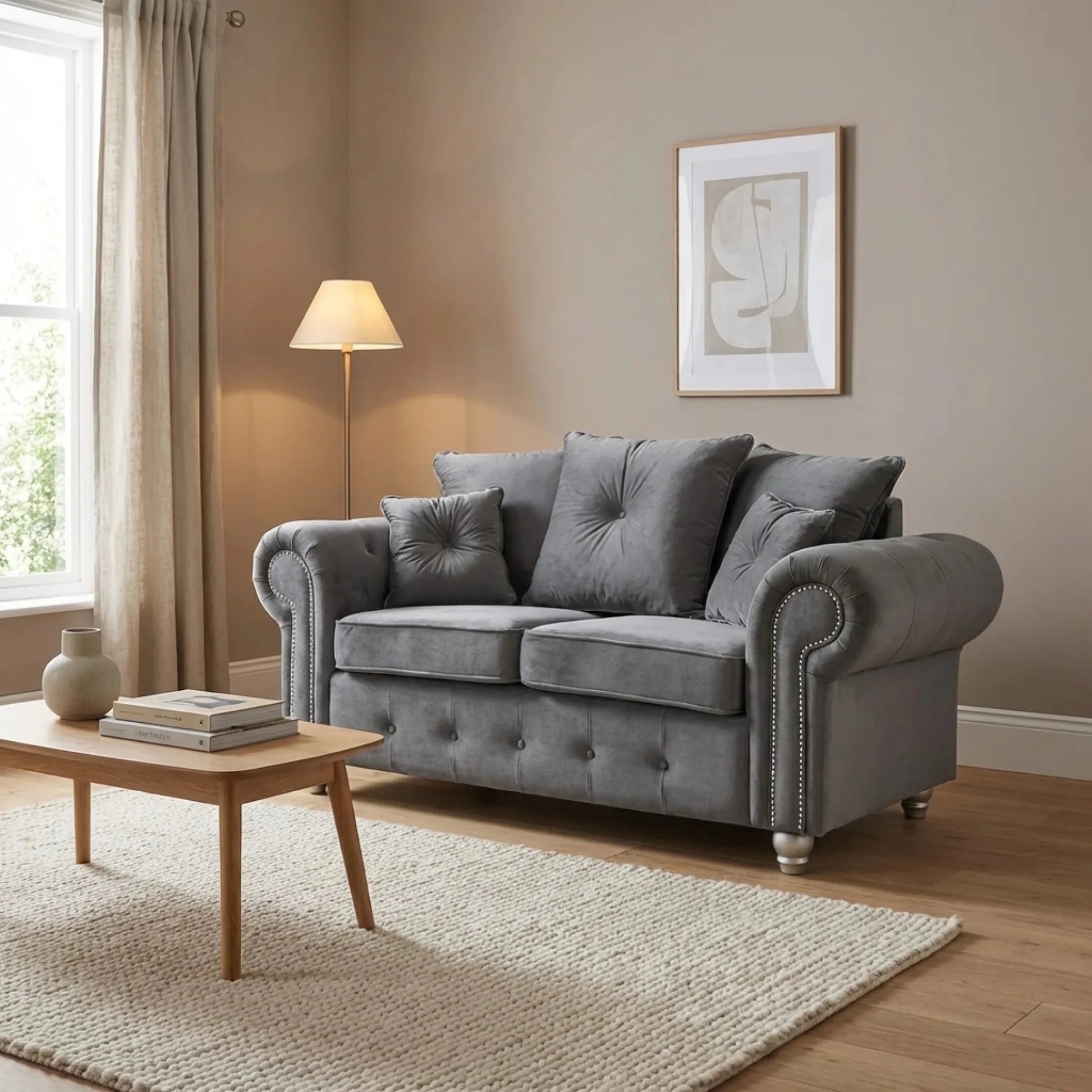 Olympia Grey Fabric Velvet 2 Seater Sofa - Furniture Instore