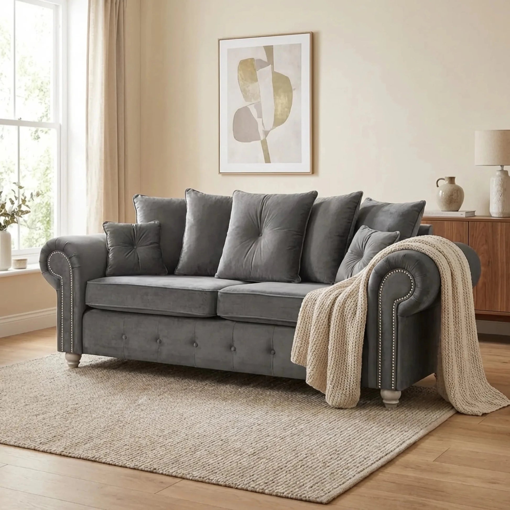 Olympia Grey Fabric Velvet 3 Seater Sofa - Furniture Instore