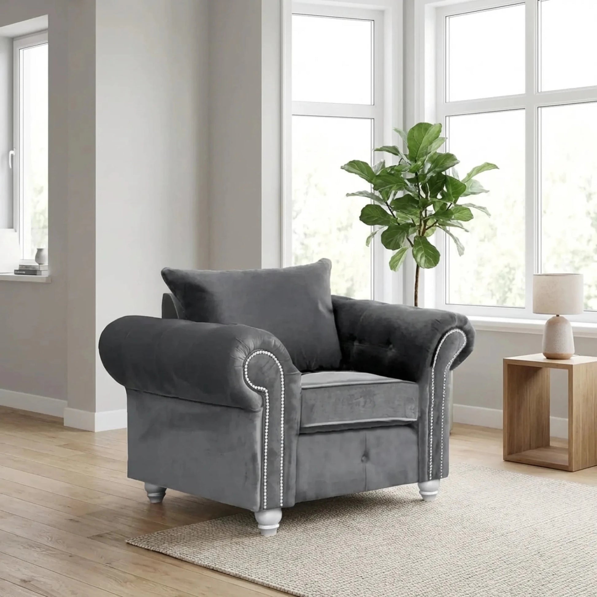 Olympia Grey Fabric Velvet Armchair - Furniture Instore