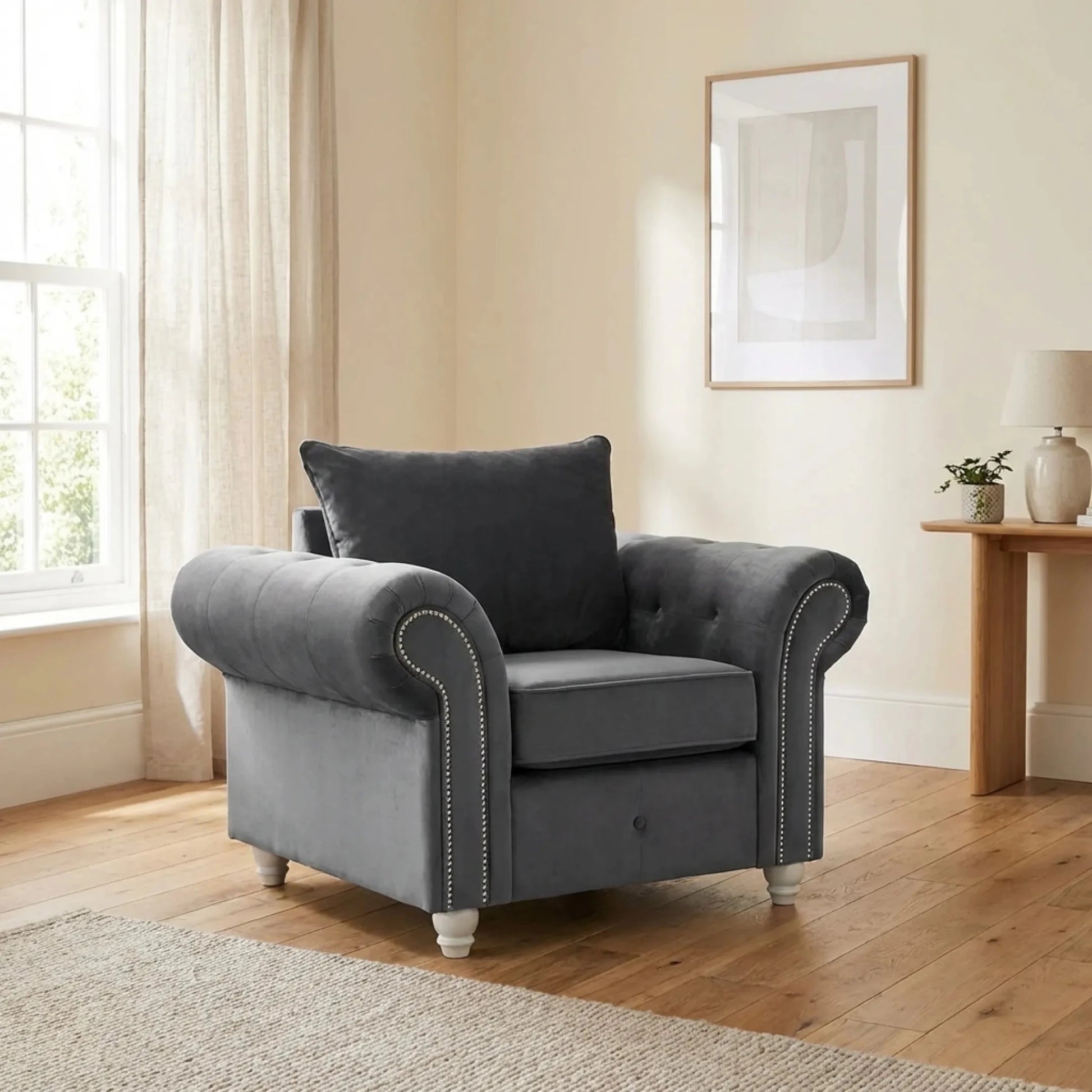 Olympia Grey Fabric Velvet Armchair - Furniture Instore