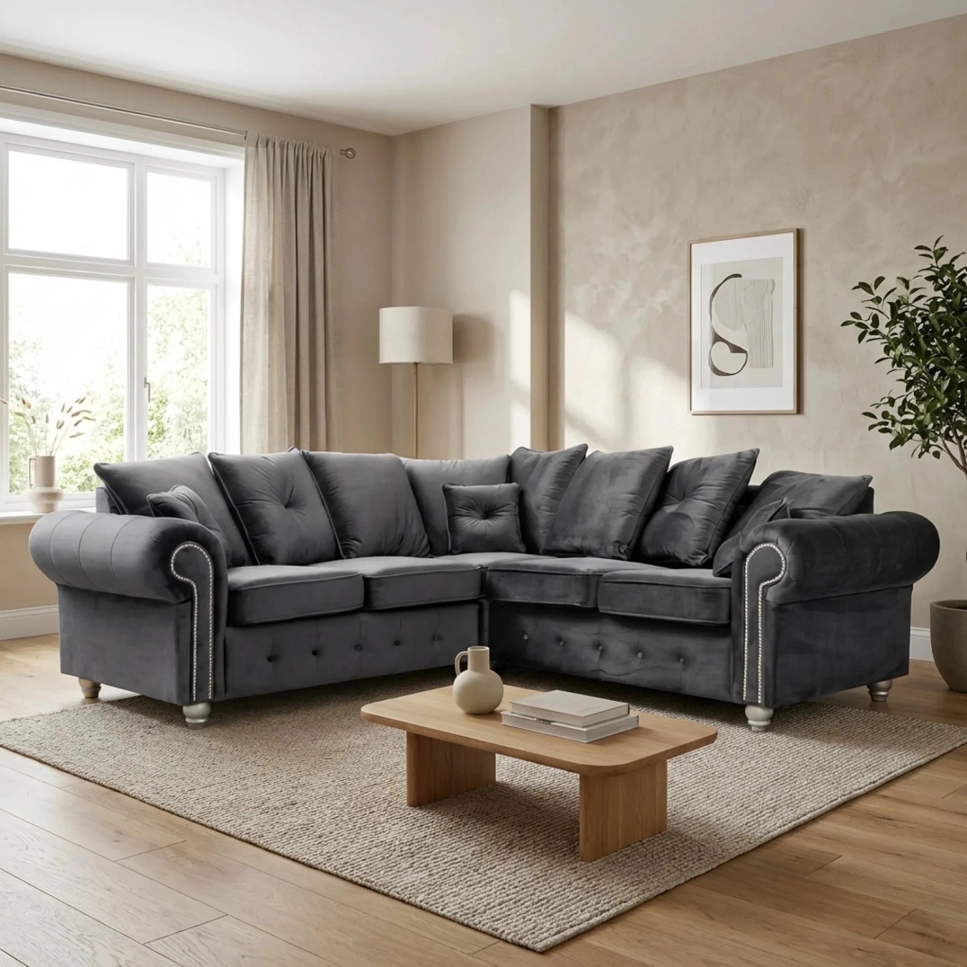 Olympia Grey Fabric Velvet Corner Sofa - Furniture Instore