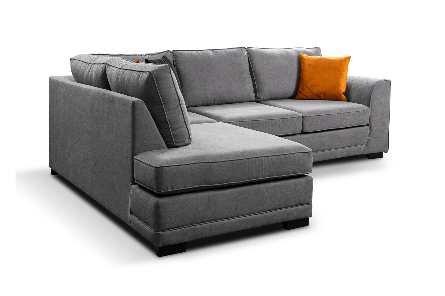 Okra Gray sectional sofa with an orange pillow on a white background