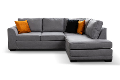 Okra Gray sectional sofa with colorful cushions on a white background