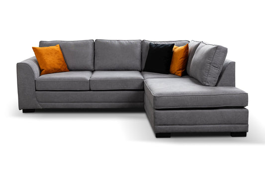 Okra Gray sectional sofa with colorful cushions on a white background