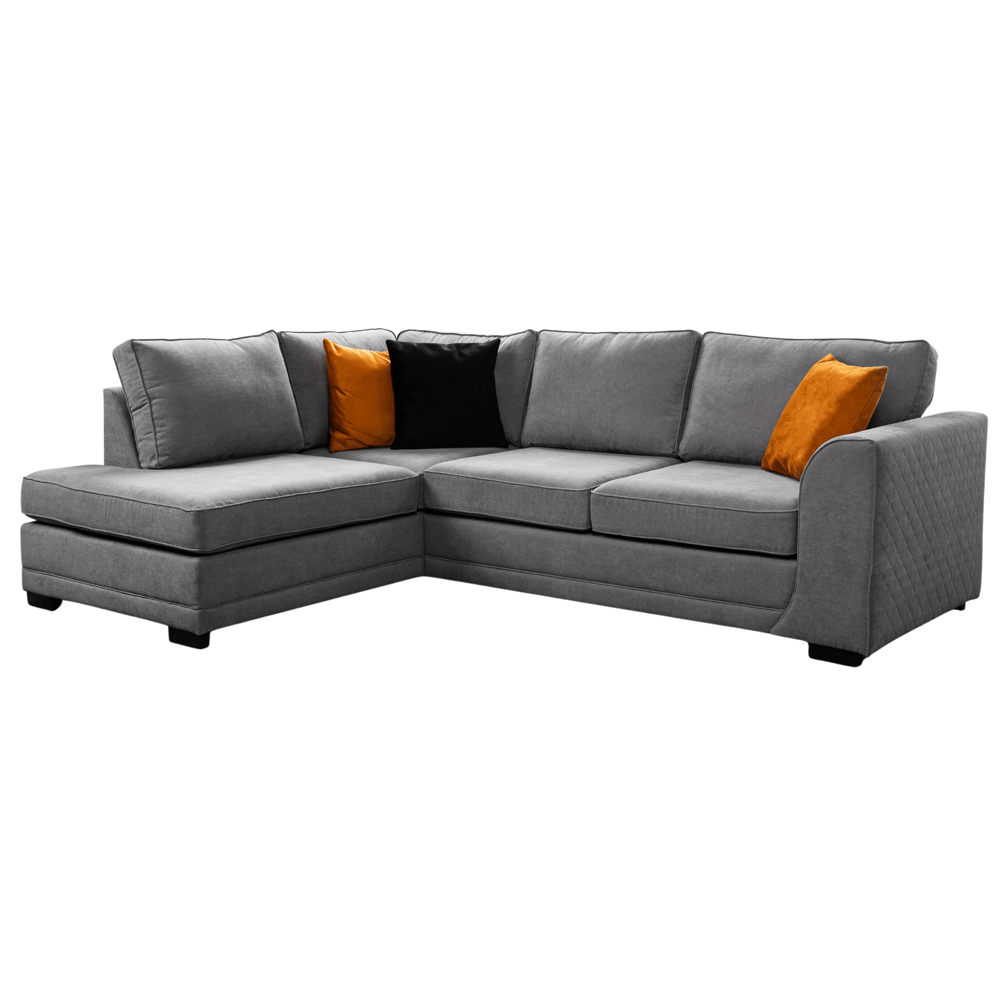 Ocra grey left-hand corner sofa displayed at an angled view on a clean white background, showing modern design details