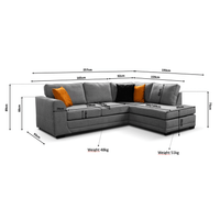 Front-facing Ocra grey left-hand corner sofa on a white background with visible measurements showing width, height, and depth