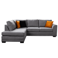 Front-facing Ocra grey left-hand corner sofa on a white background, highlighting its modern design and soft fabric texture