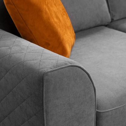 Close-up of Ocra grey right-hand corner sofa armrest on a white background, highlighting fabric texture and stitching details