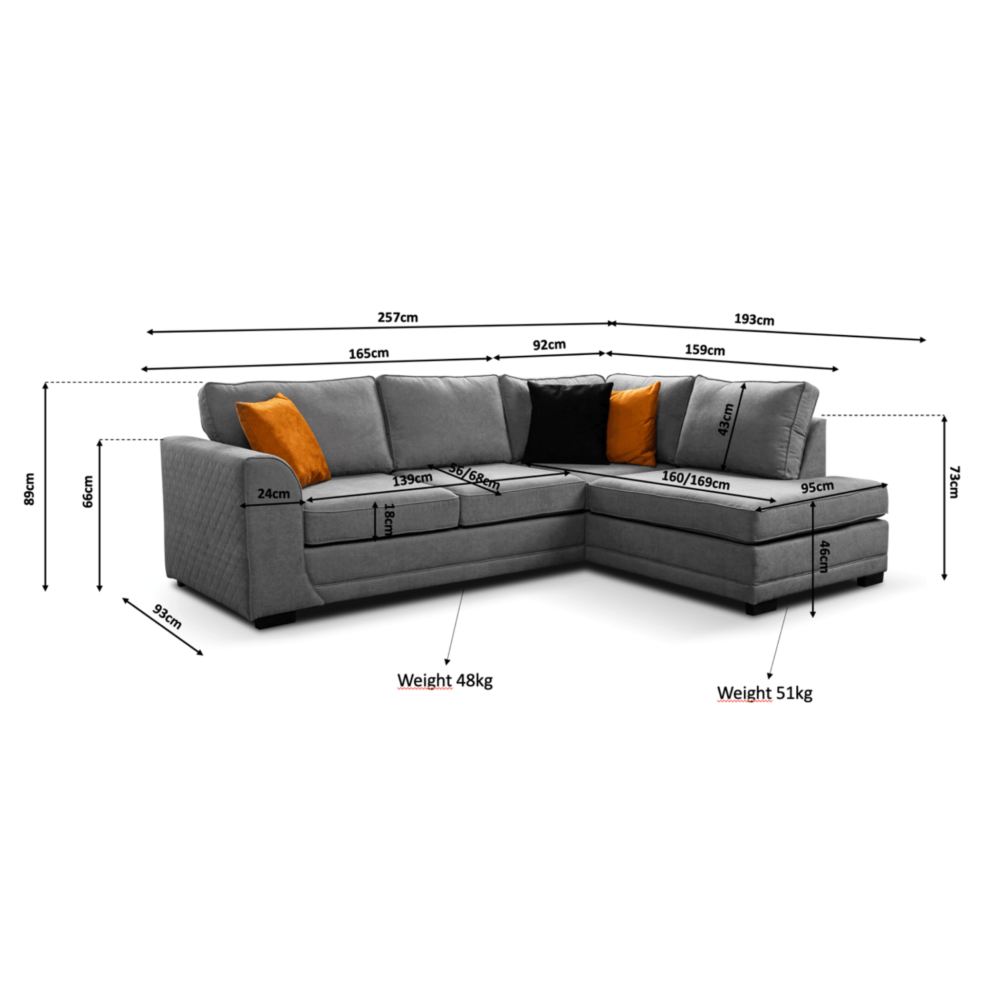 Front-facing Ocra grey right-hand corner sofa on a white background with visible measurements showing width, height, and depth