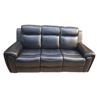 A three-seater black leather sofa with padded back cushions and wide armrests, shown against a plain white background.
