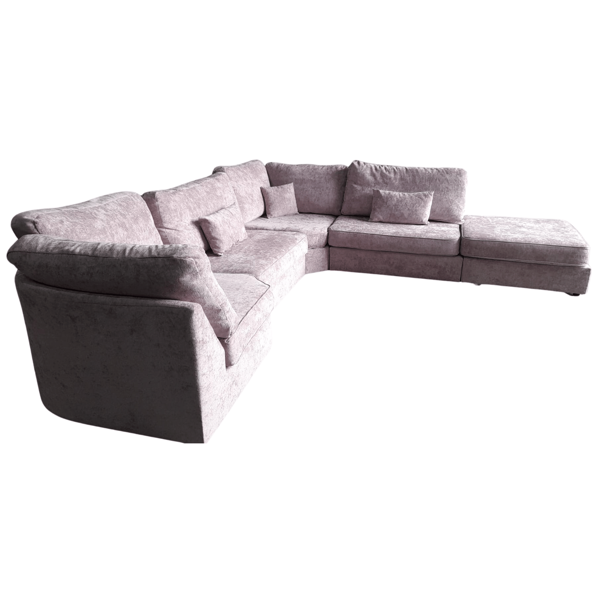 alaska fabric pink corner sofa on a white background with footstool