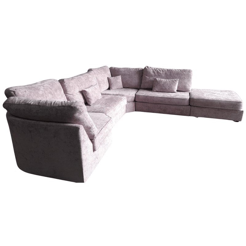 alaska fabric pink corner sofa on a white background with footstool