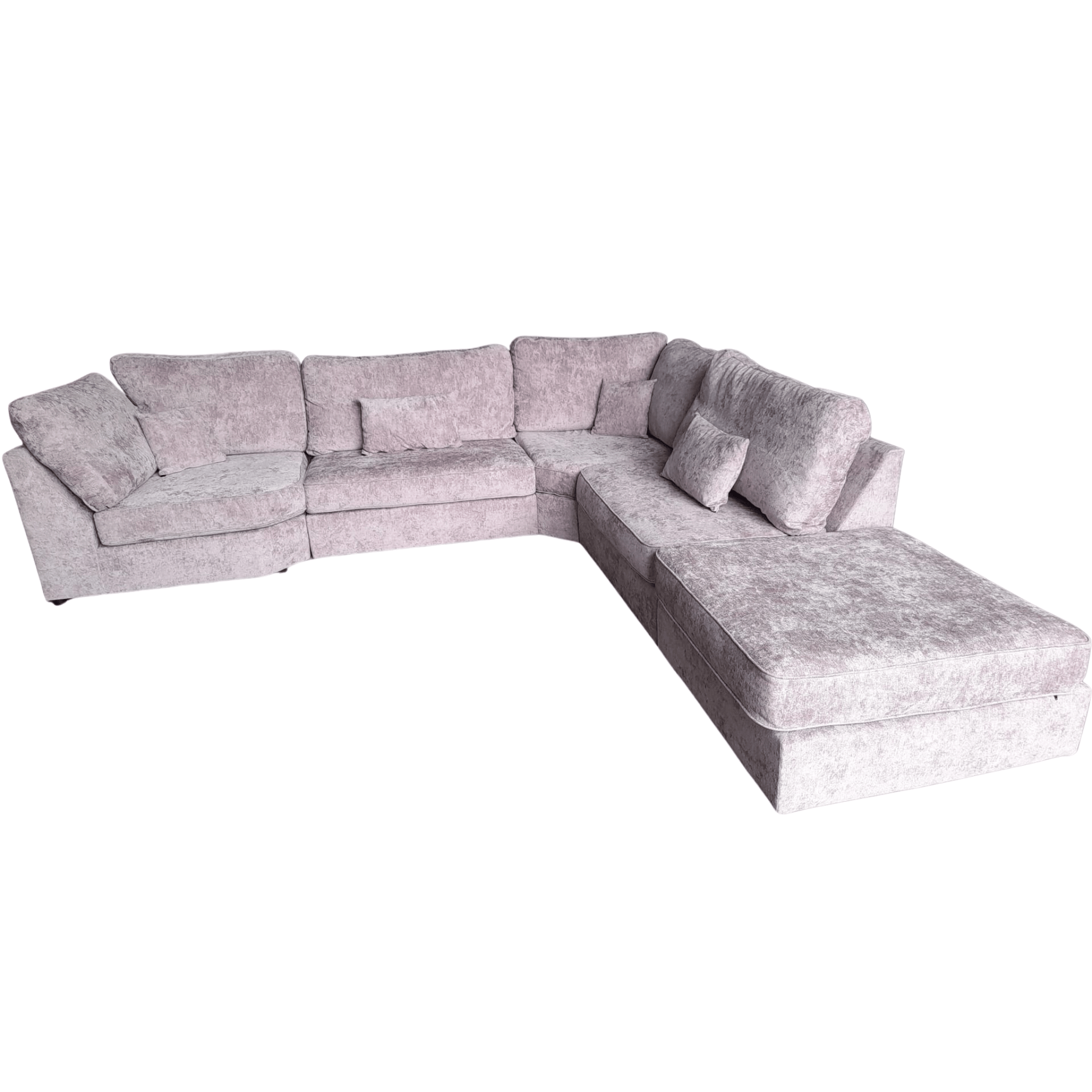 alaska fabric pink corner sofa on a white background with footstool