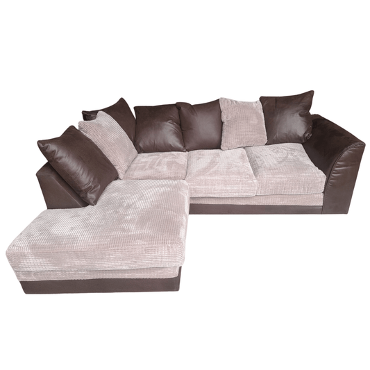 Sectional sofa with brown and beige cushions on a white background