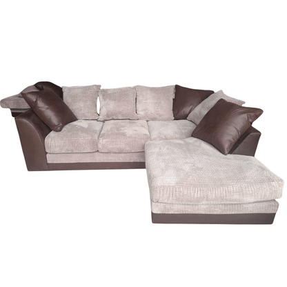 Sectional sofa with brown and beige cushions on a white background