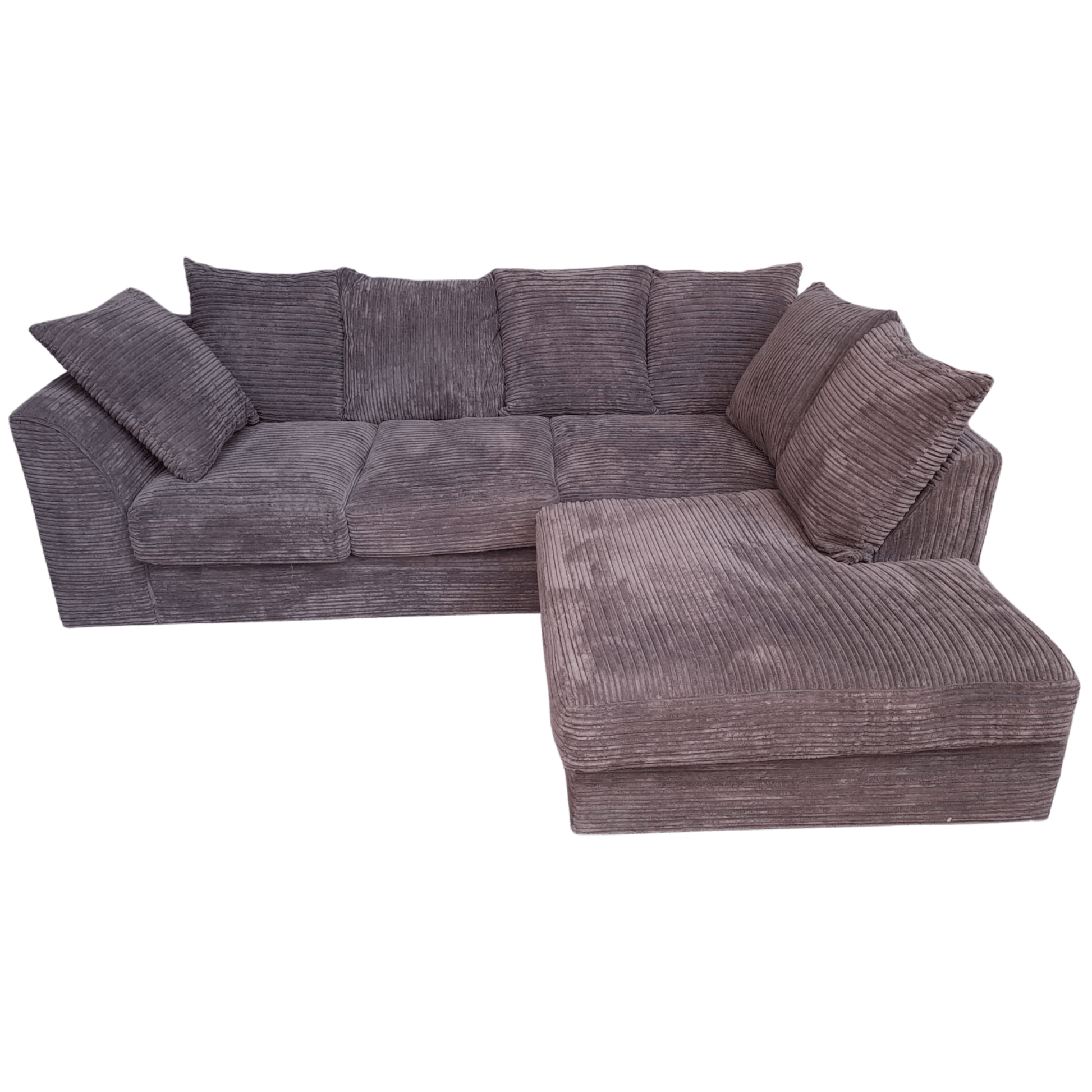 Gray sectional sofa with cushions on a white background