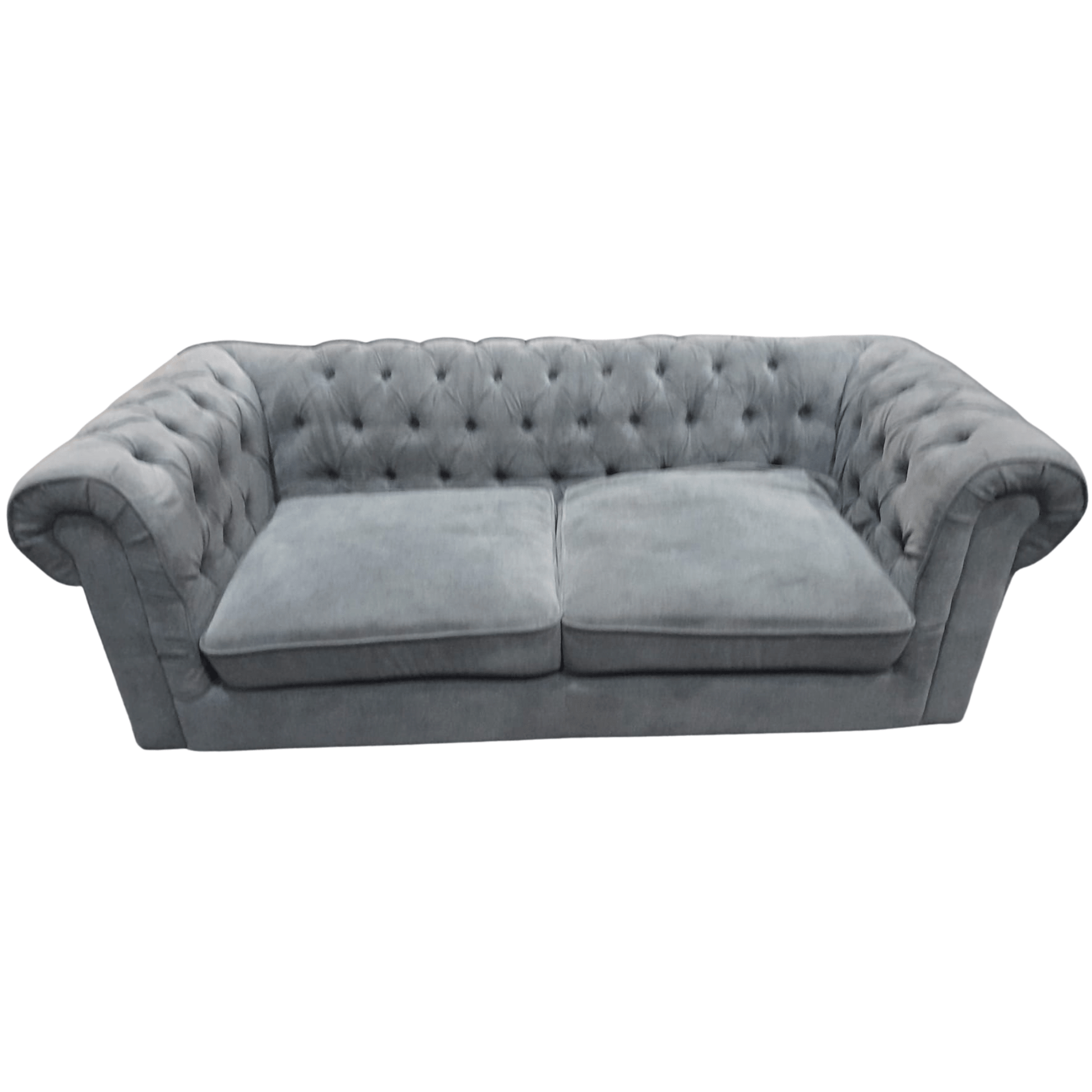 Gray velvet sofa on a white background