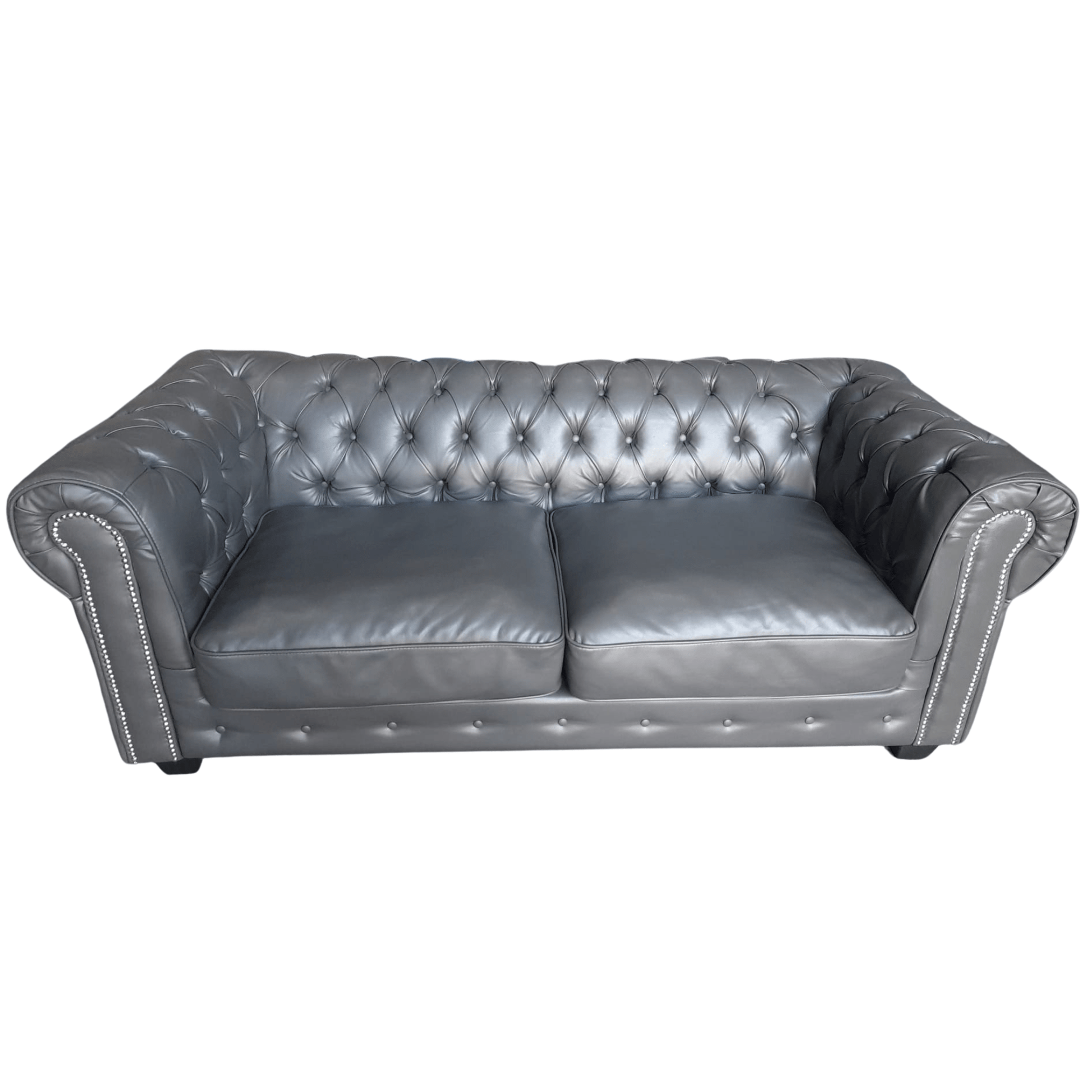 Gray leather sofa with tufted backrest on a white background