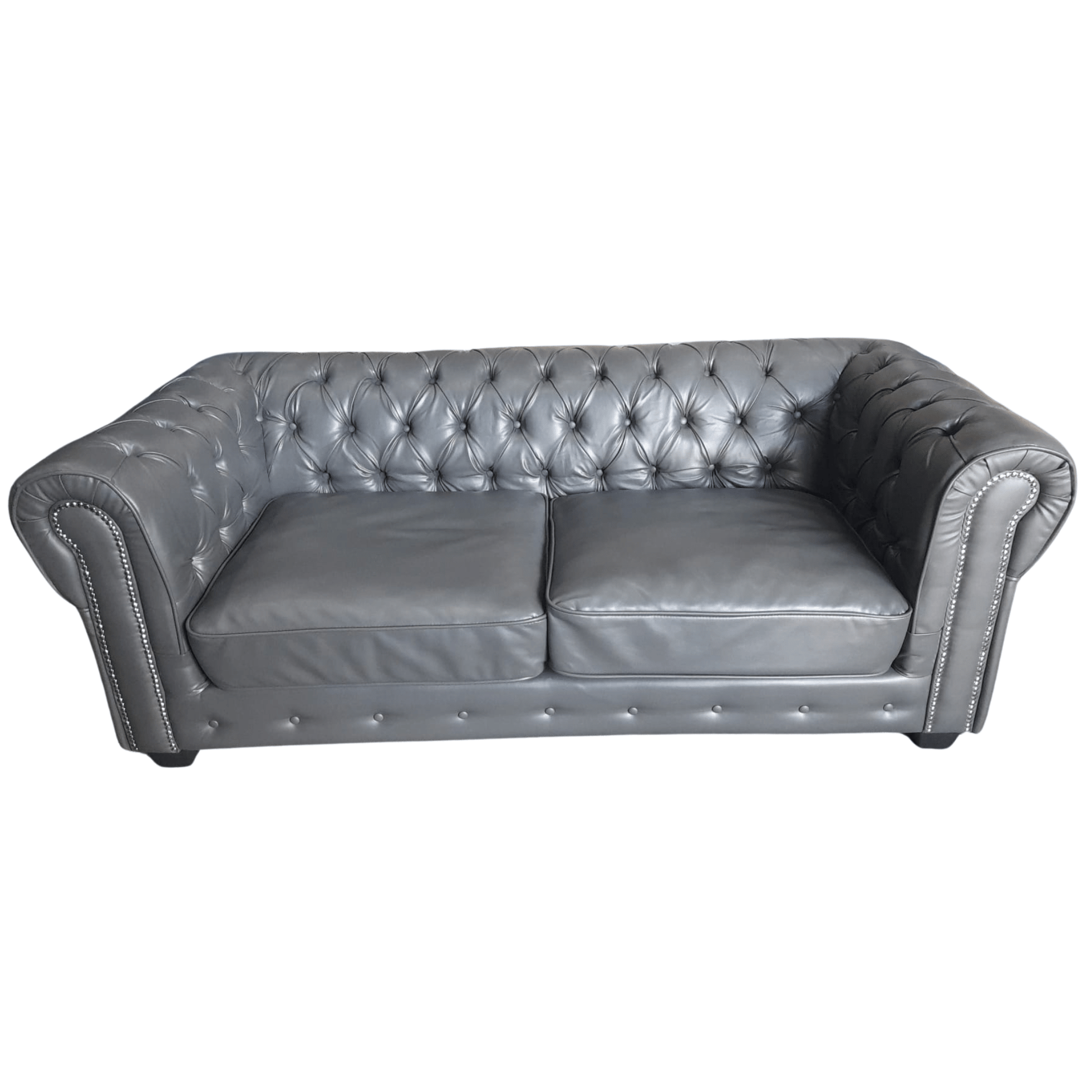 Gray tufted leather sofa on a white background