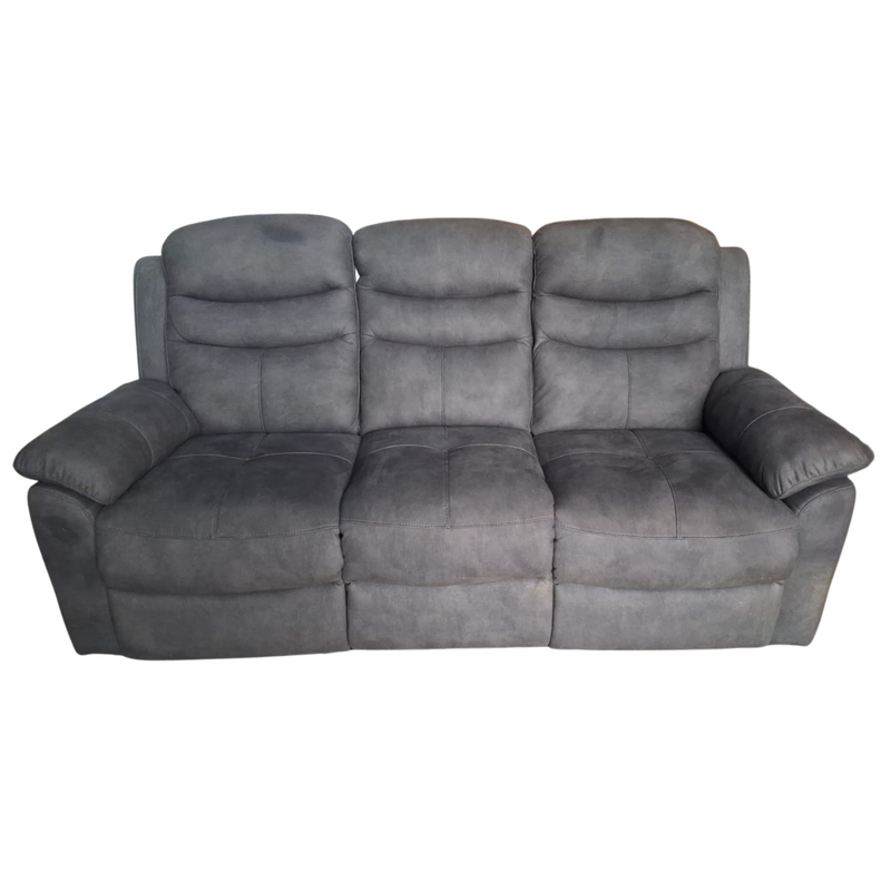 A three-seat gray reclining sofa with padded armrests and segmented back cushions, shown against a plain white background.