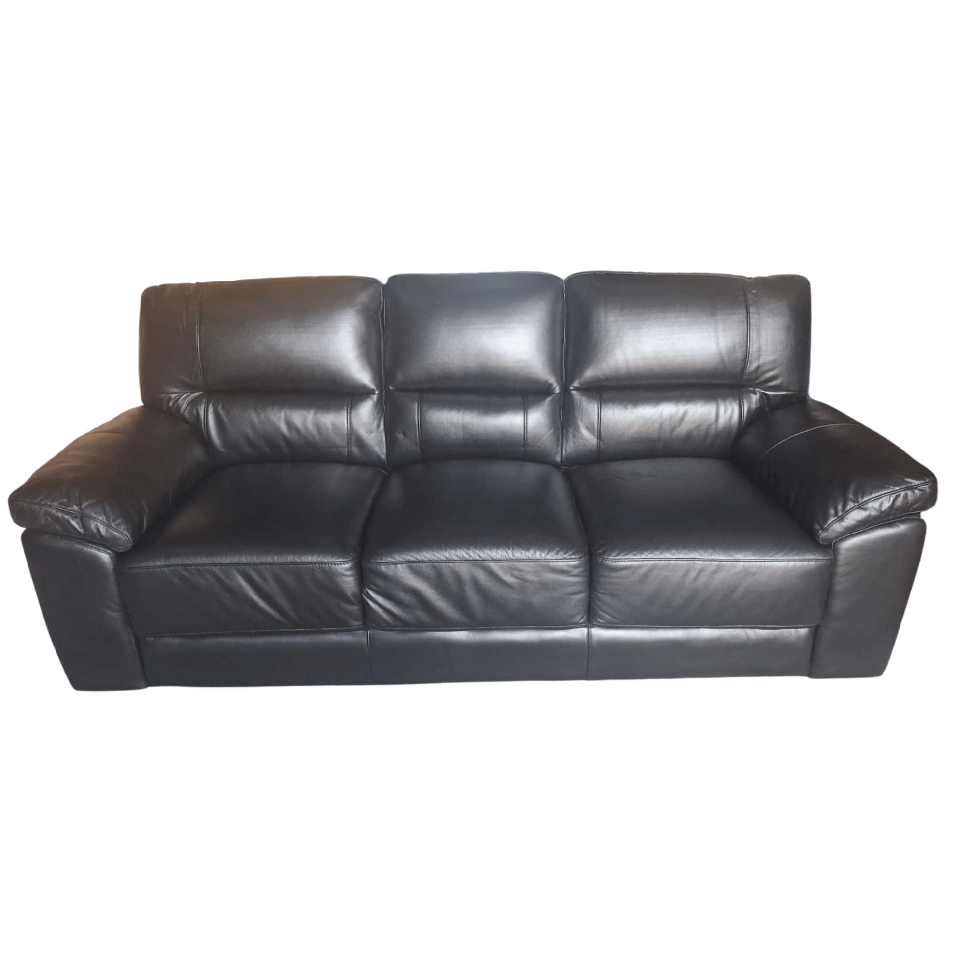 A three-seater black leather sofa with padded back cushions and wide armrests, photographed against a plain white background.