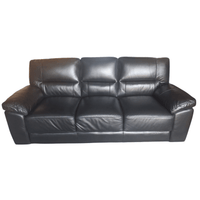 A three-seater black leather sofa with padded back cushions and wide armrests, photographed against a plain white background.