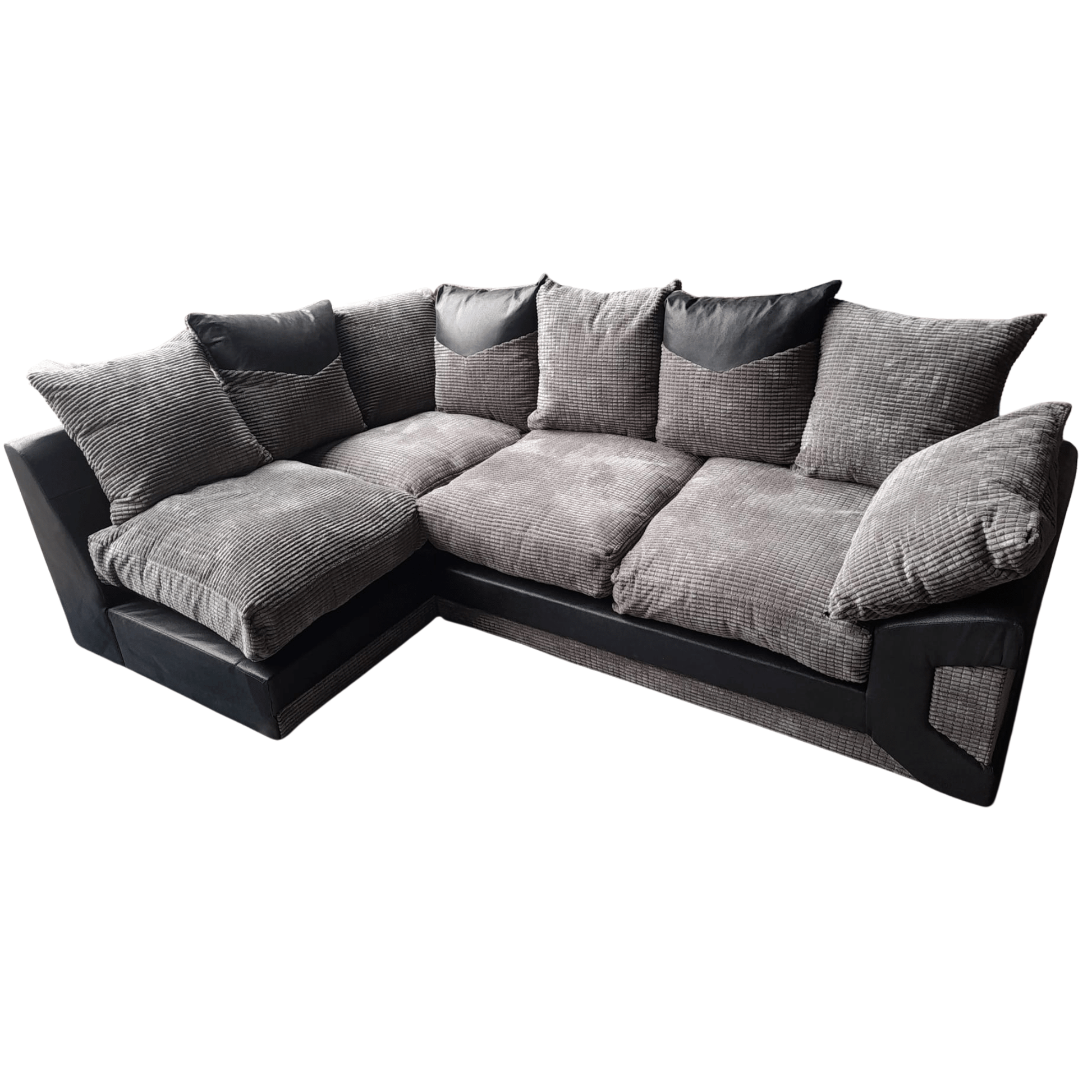 Gray sectional sofa with black accents on a white background