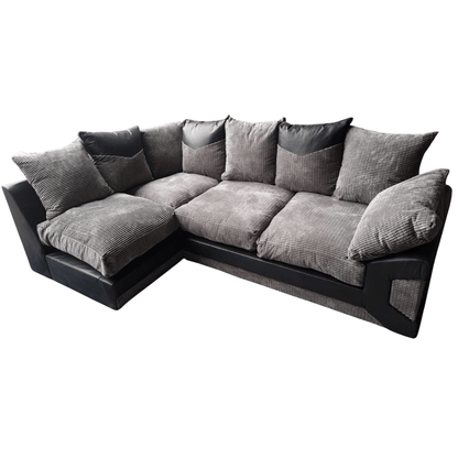 Gray sectional sofa with black accents on a white background