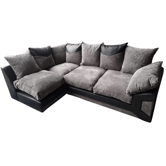 Gray sectional sofa with black accents on a white background