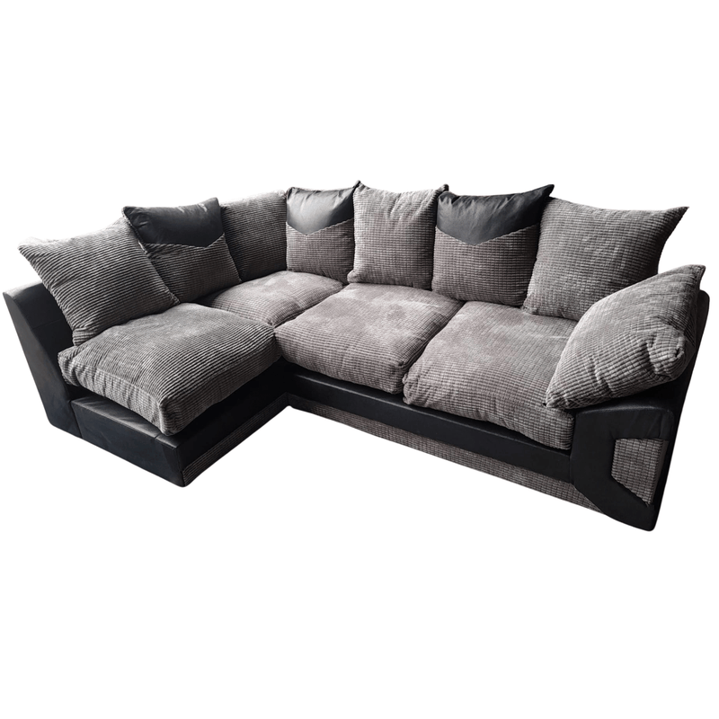 Gray sectional sofa with black accents on a white background