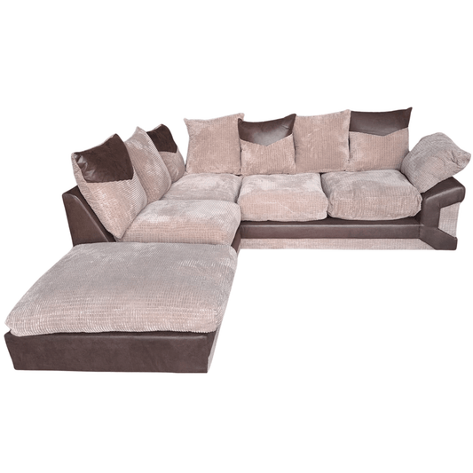 Sectional sofa with brown and beige cushions on a white background