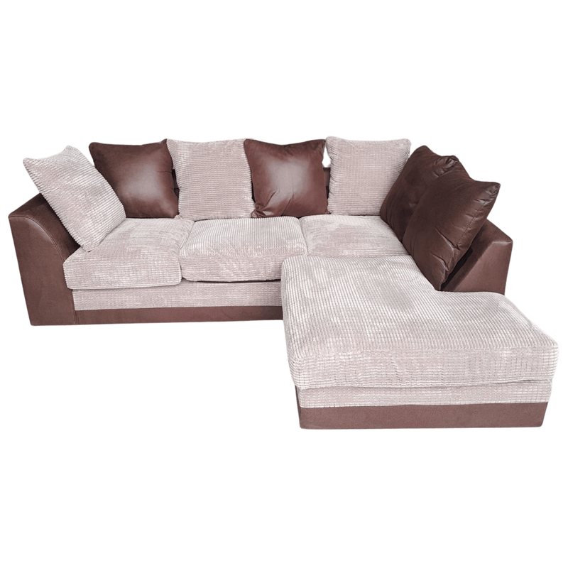 Brown and beige sectional sofa with cushions on a white background